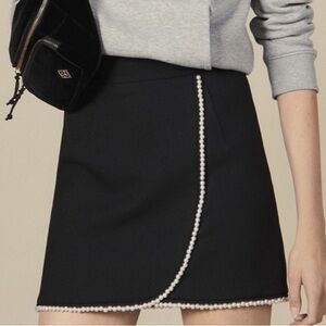 Wrap-effect imitation pearl-embellished twill mini skirt - Sandro Paris size 1